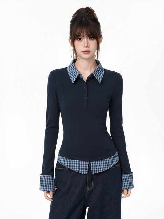 Plaid Splice Polo Collar Faux Two-Piece Tee C0039