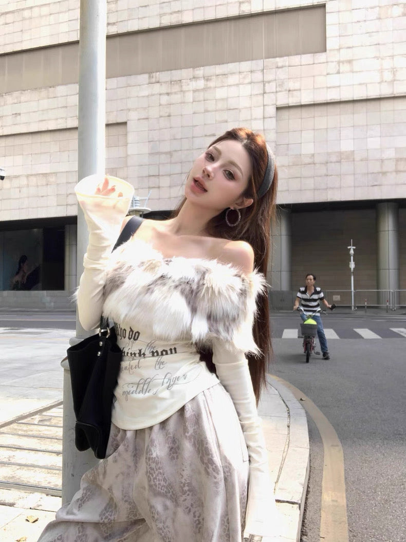 Faux Fur Off-Shoulder Long Sleeve Slim-Fit Waist-Cinching Top C0015