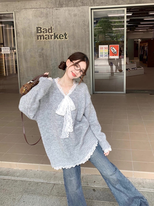 Lace Bowknot Cute Knit Sweater C0041