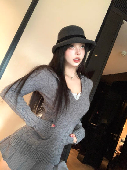V-Neck Hooded Knitted Pullover for Women C0020