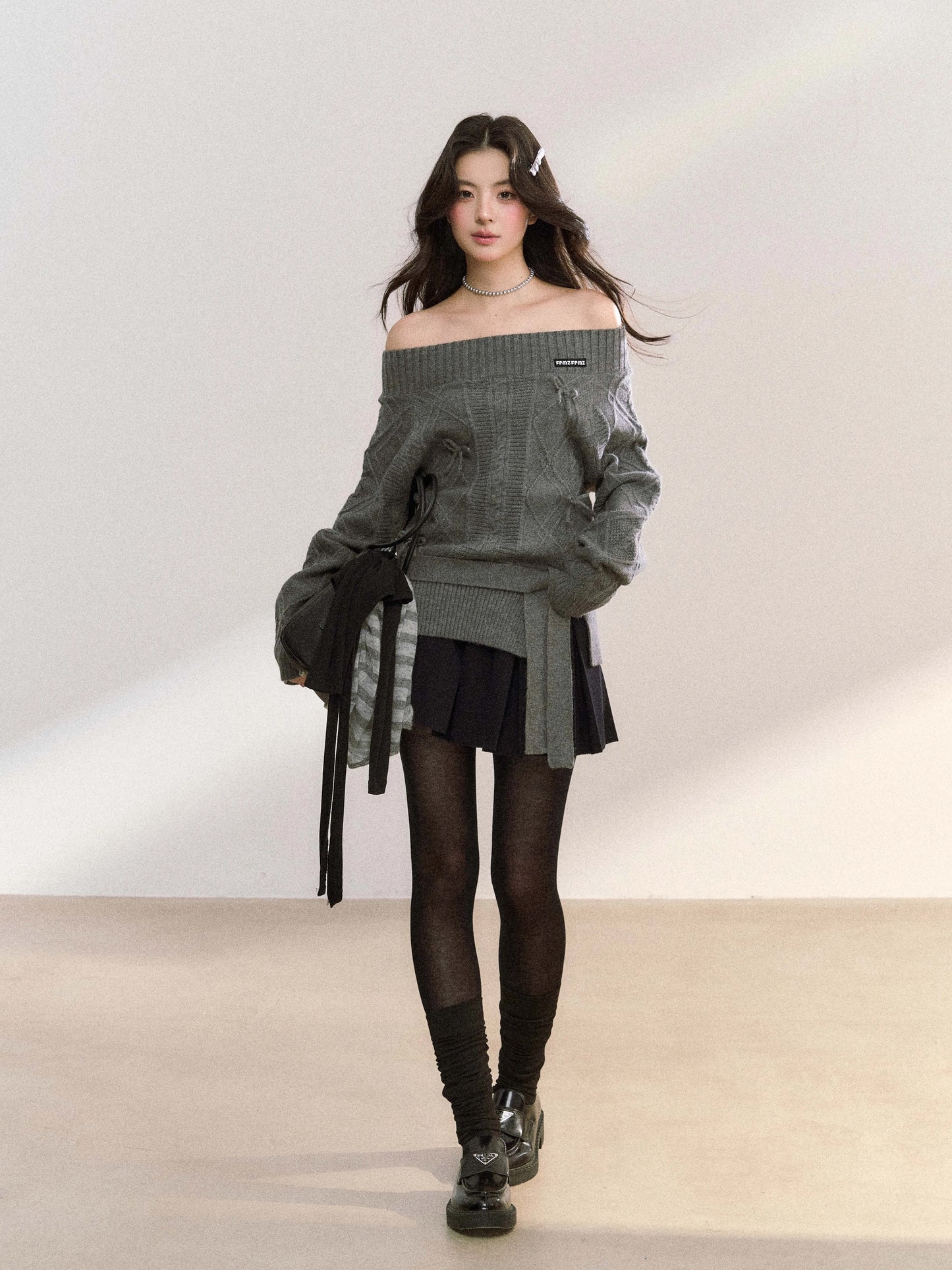 Women’s Off-Shoulder Bow-Knot Sweater with Side Slit C0001