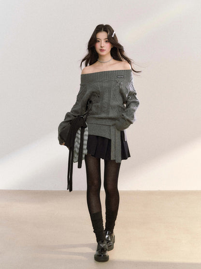 Women’s Off-Shoulder Bow-Knot Sweater with Side Slit C0001