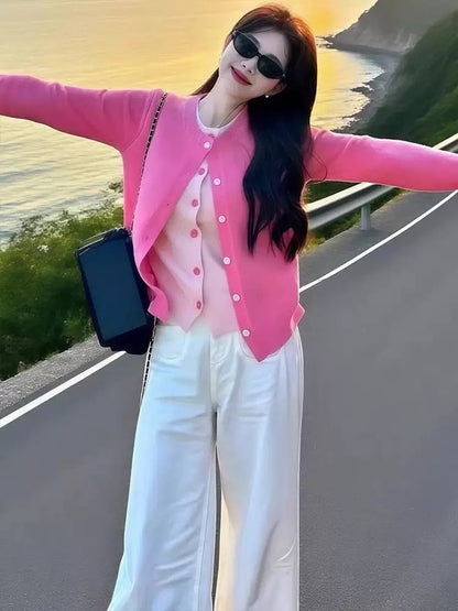 Women’s Pink Layered-Look Knit Cardigan C0011