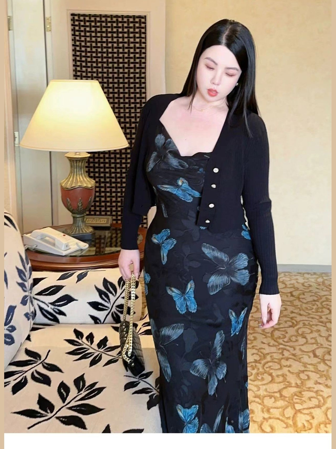 CRUSHPEACH vintage Blue Butterfly Vase Swing Neck Halter Dress