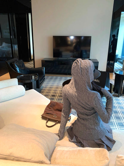 V-Neck Hooded Knitted Pullover for Women C0020