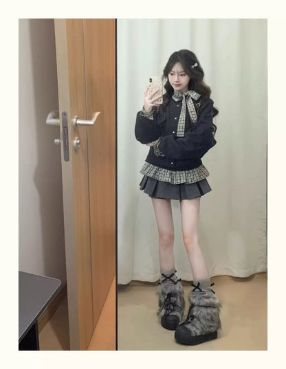 Wool-Blend Baseball Jacket Layered Long-Sleeve Tee & Pleated Skirt Set C0019