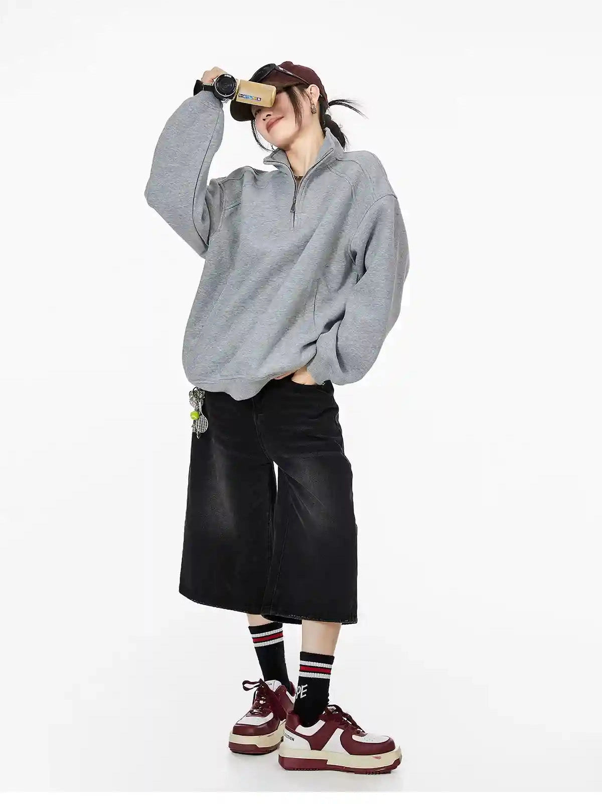 Half-Zip Stand Collar Sweatshirt with Relaxed Fit  f0368