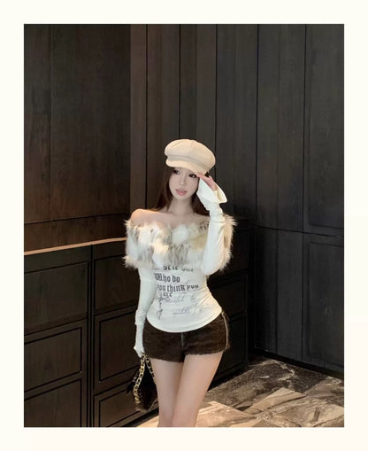 Faux Fur Off-Shoulder Long Sleeve Slim-Fit Waist-Cinching Top C0015