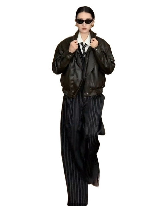 Silhouette zipper double neck locomotive leather jacket f0259