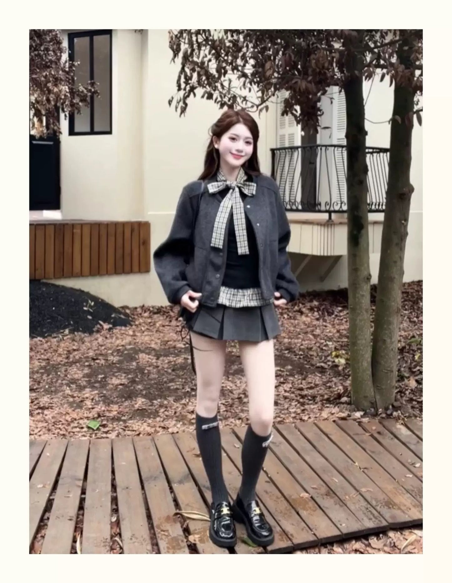 Wool-Blend Baseball Jacket Layered Long-Sleeve Tee & Pleated Skirt Set C0019