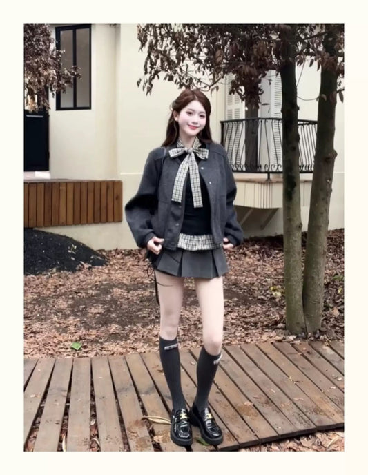 Wool-Blend Baseball Jacket Layered Long-Sleeve Tee & Pleated Skirt Set C0019