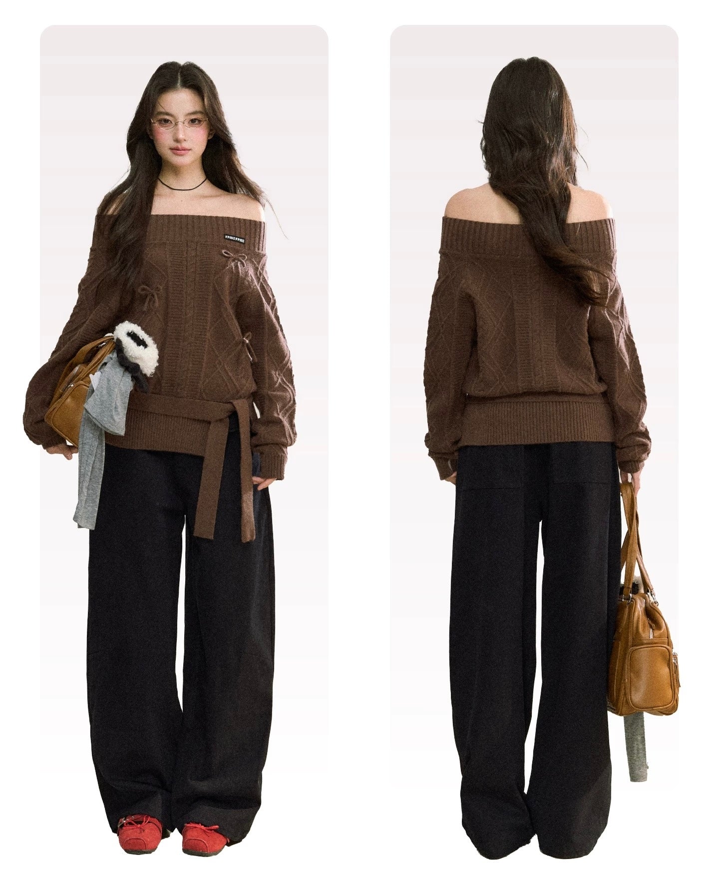 Women’s Off-Shoulder Bow-Knot Sweater with Side Slit C0001