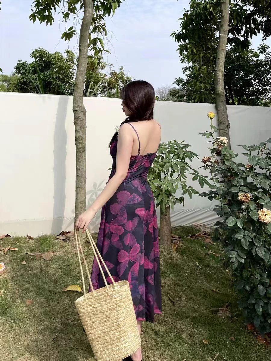 CRUSHPEACH Mesh Purple Butterfly Print Halter Dress-LONG