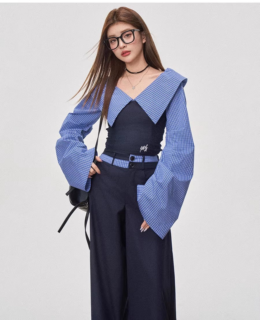 Shoulder striped shirt + wide-leg slacks f0452