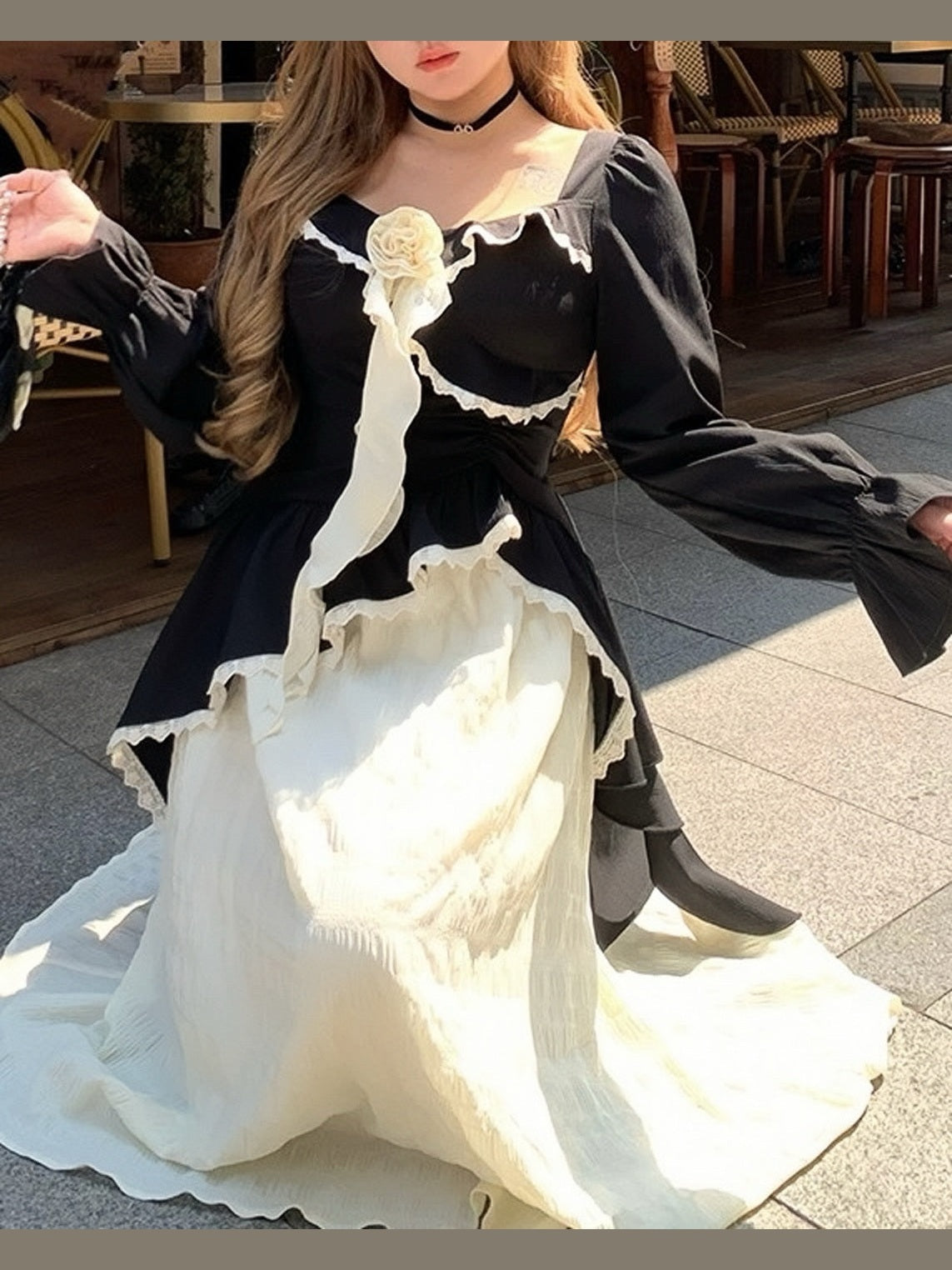 crushpeach black rose  Retro romantic ruffled mixi  dress