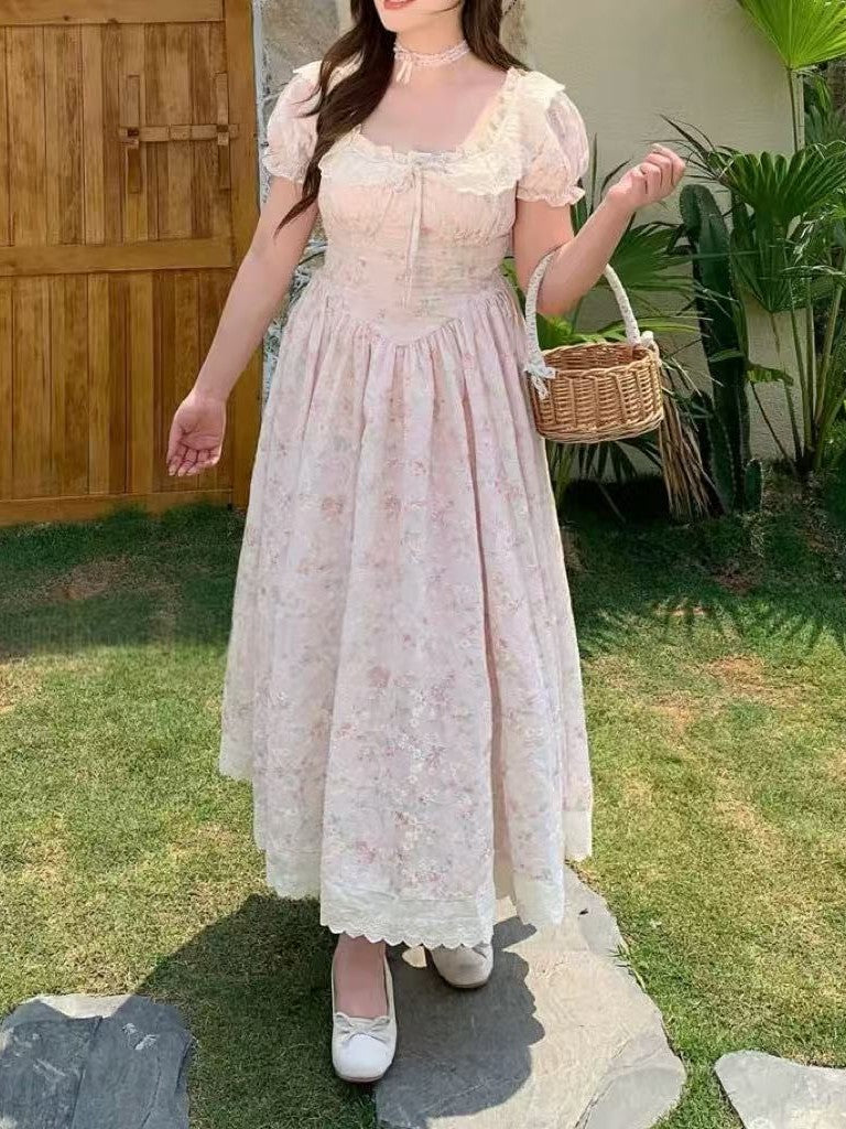 crushpeach Pink Cherry Garden Exquisite Cotton Embroidered Lace Maxi Dress