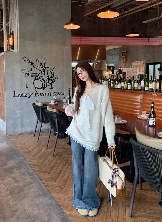 Lace Bowknot Cute Knit Sweater C0041