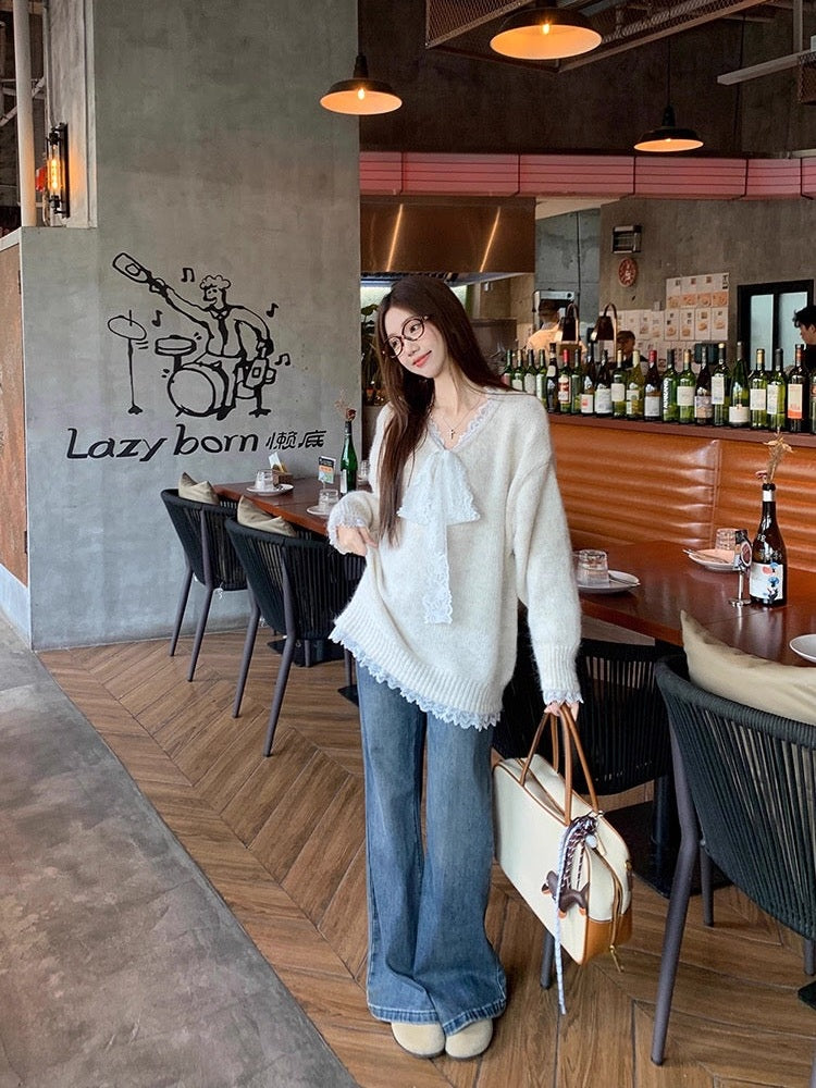 Lace Bowknot Cute Knit Sweater C0039