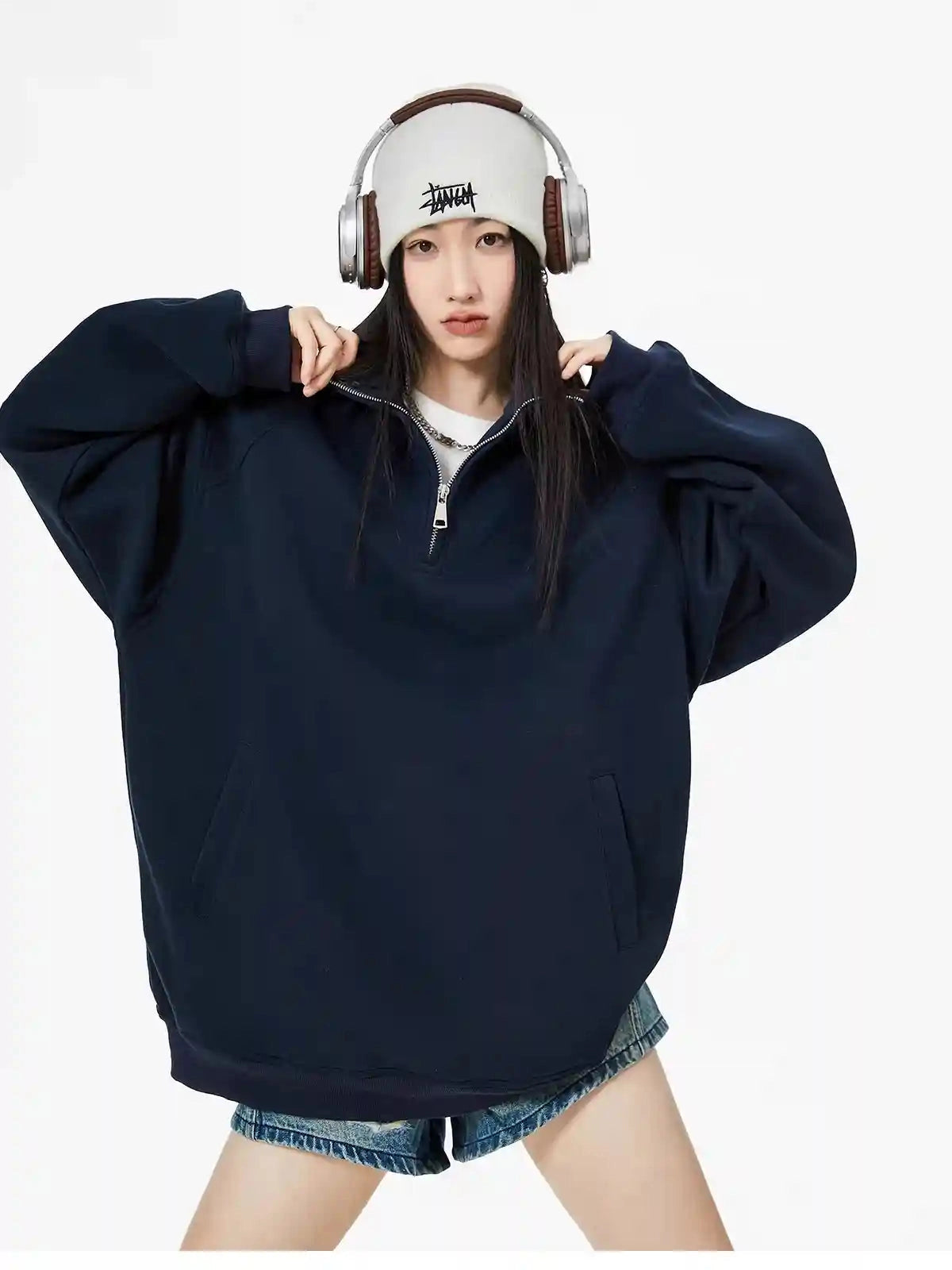 Half-Zip Stand Collar Sweatshirt with Relaxed Fit  f0368