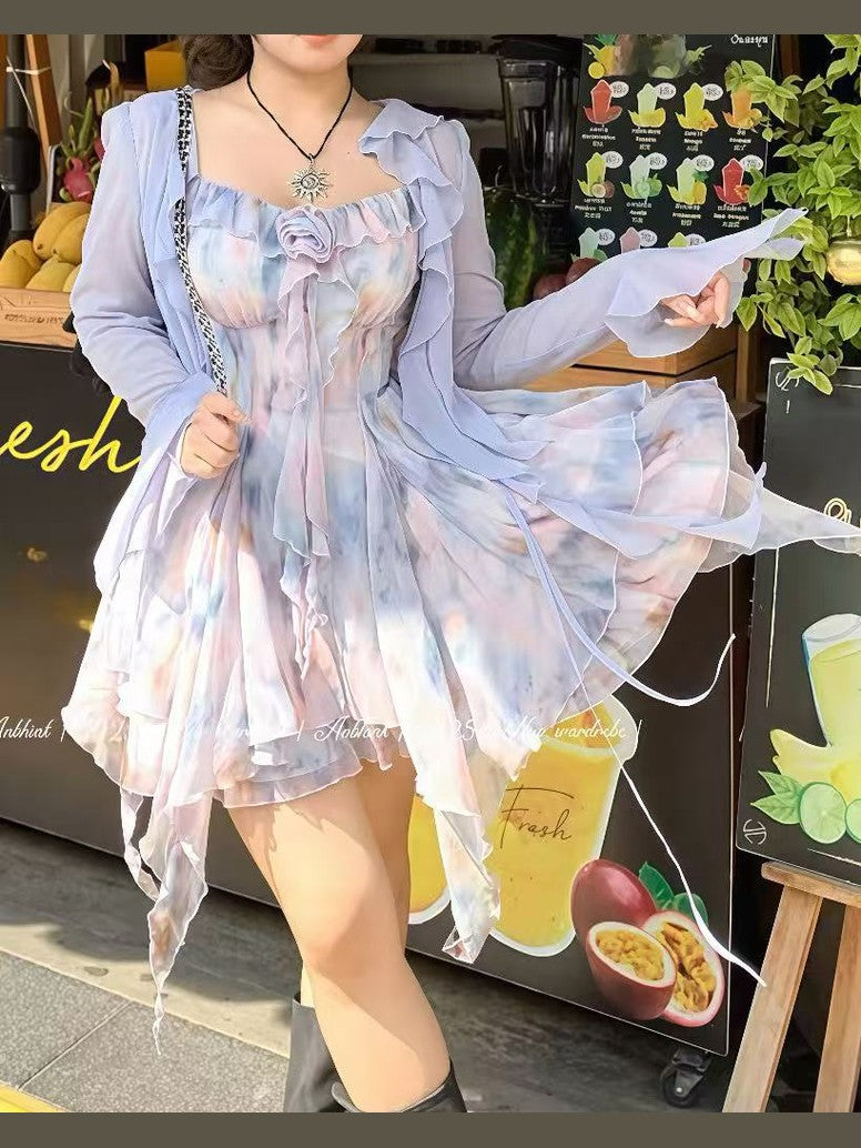 crushpeach Vacation Style Purple Oil Painting rose fairy mini Dress