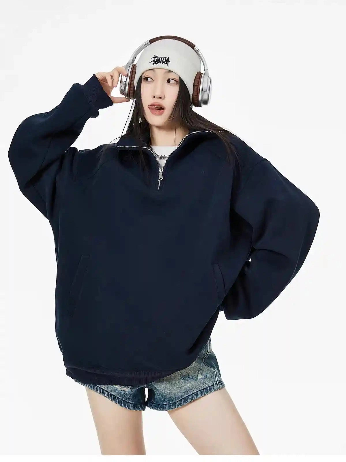 Half-Zip Stand Collar Sweatshirt with Relaxed Fit  f0368