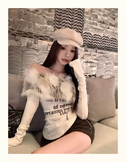 Faux Fur Off-Shoulder Long Sleeve Slim-Fit Waist-Cinching Top C0015