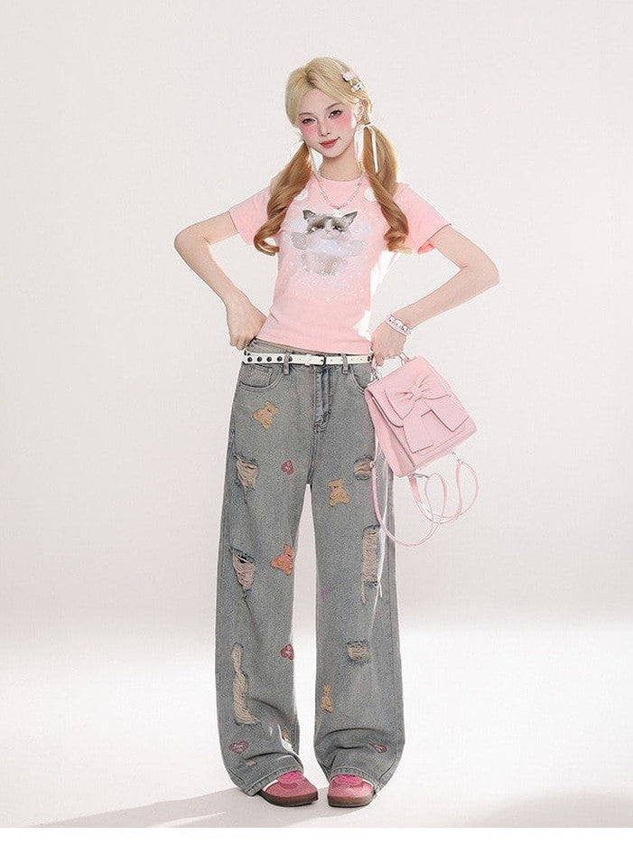 Bear-Embroidered Distressed Wide Jeans  f0400