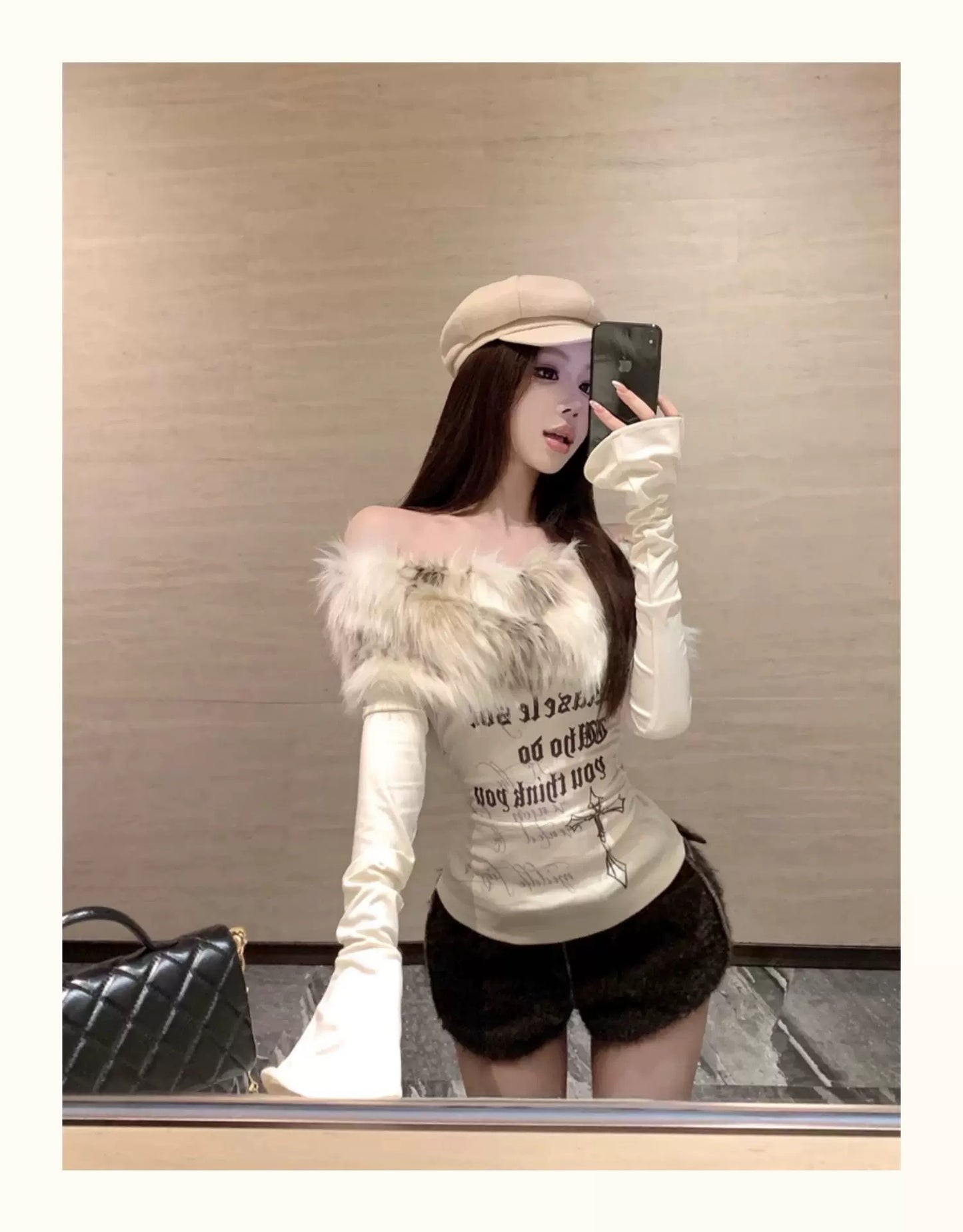 Faux Fur Off-Shoulder Long Sleeve Slim-Fit Waist-Cinching Top C0015