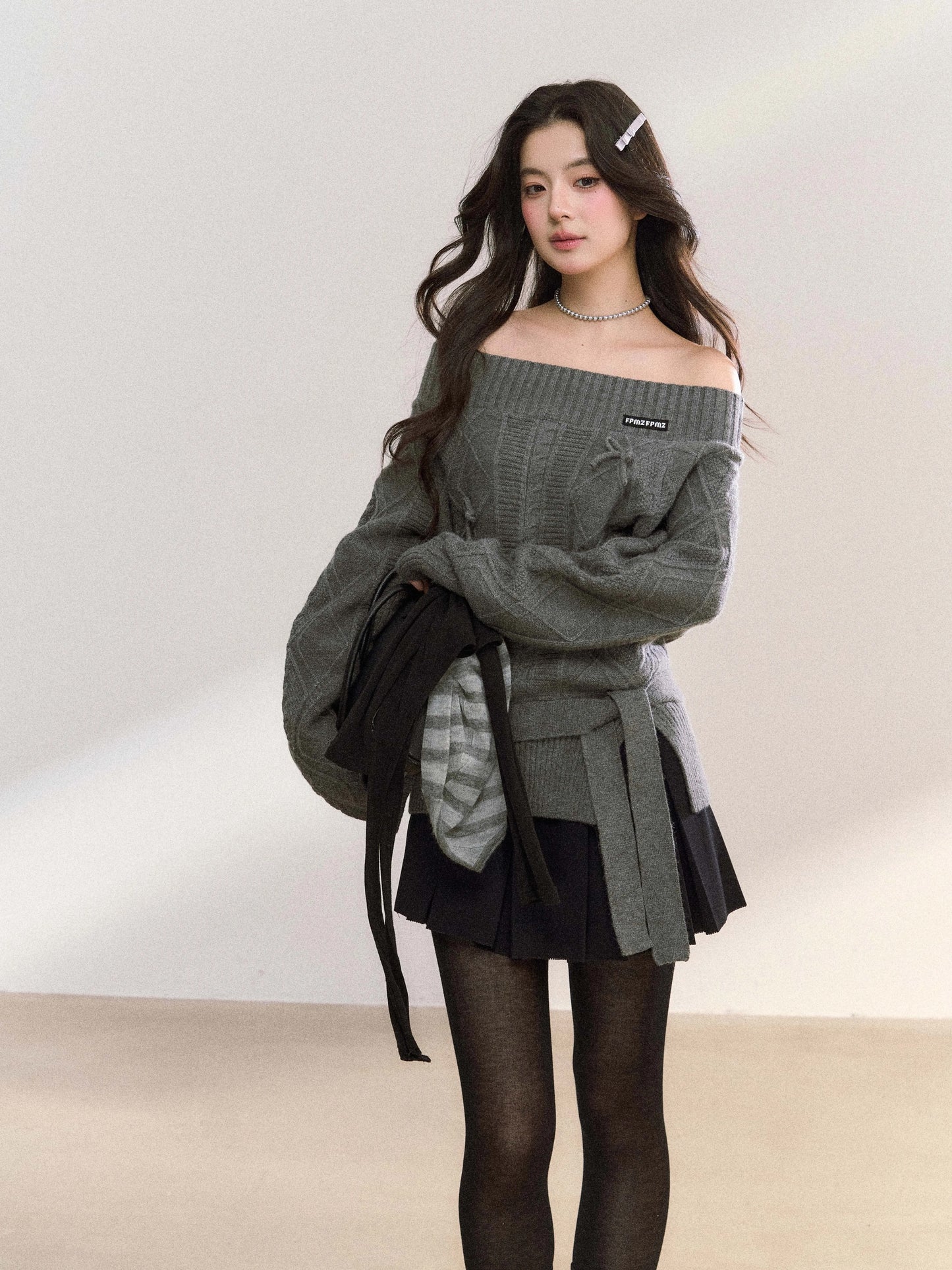 Women’s Off-Shoulder Bow-Knot Sweater with Side Slit C0001