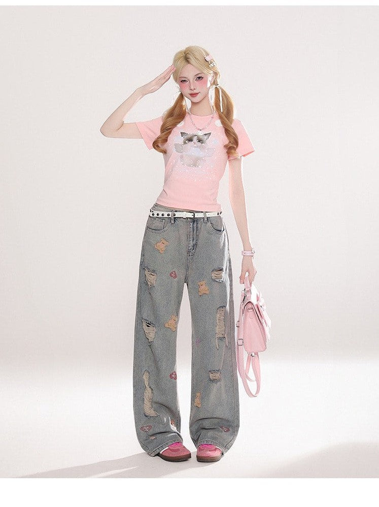 Bear-Embroidered Distressed Wide Jeans  f0400