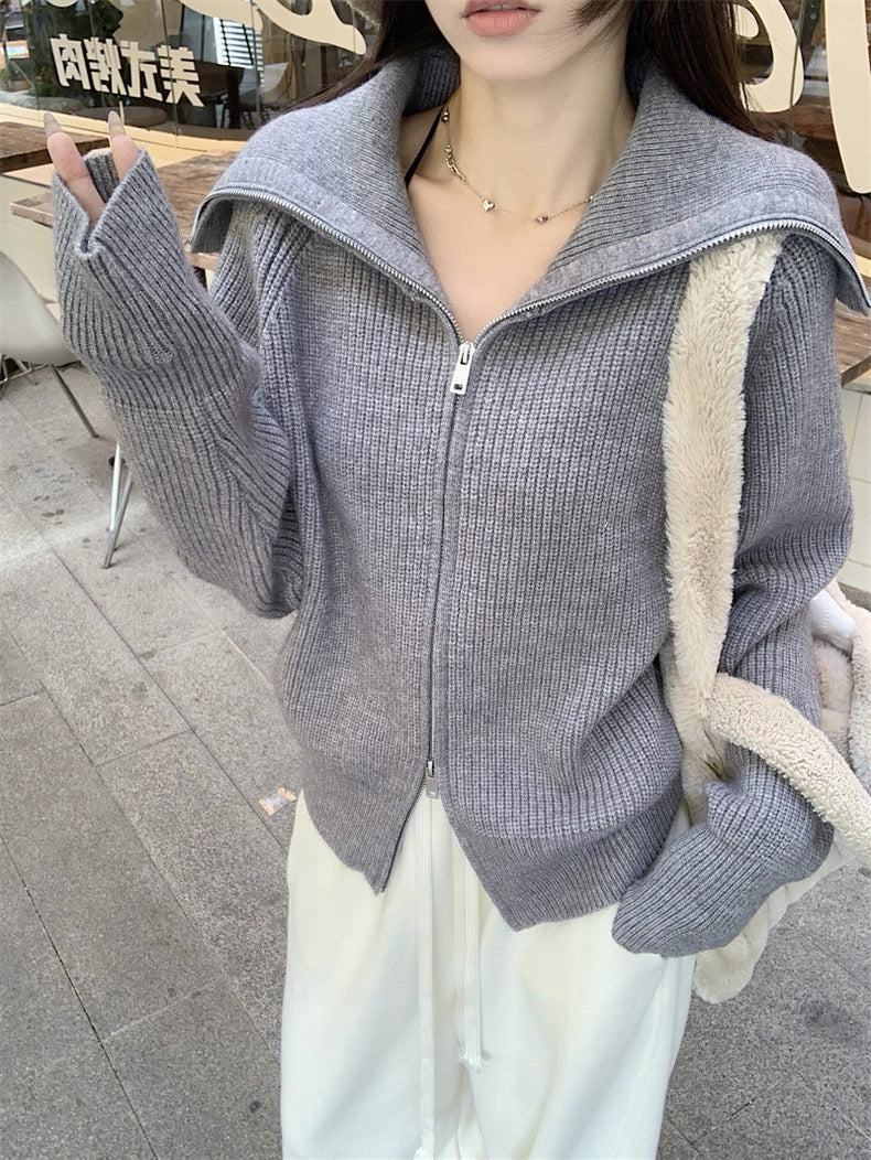 Zip-Up Stand Collar Knit Sweater Jacket C0021