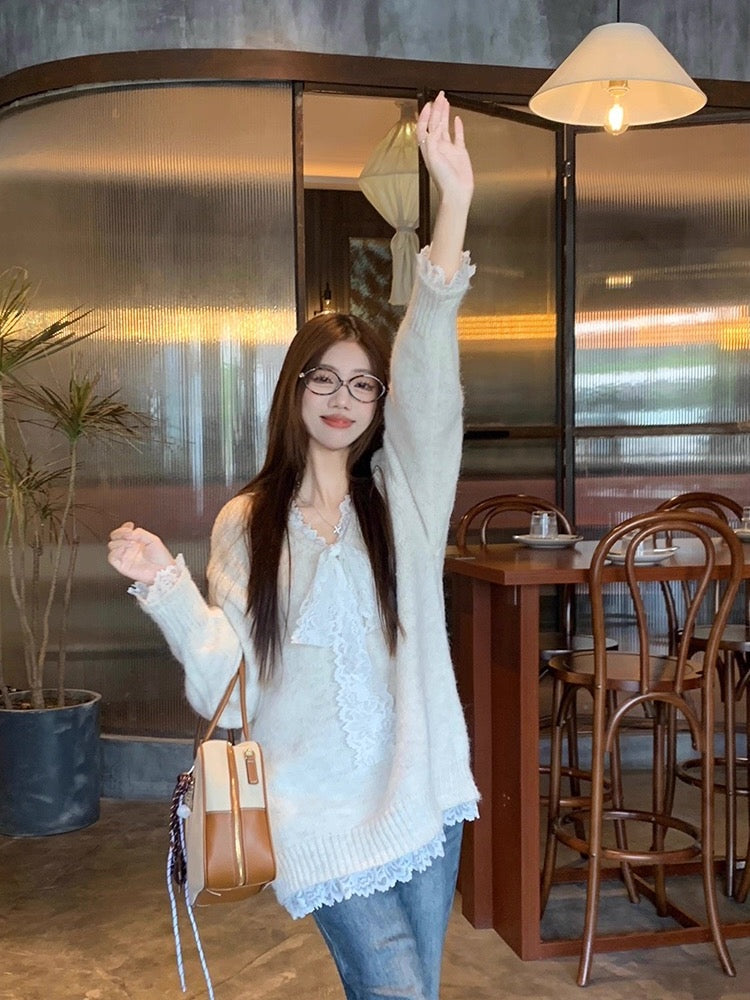 Lace Bowknot Cute Knit Sweater C0039