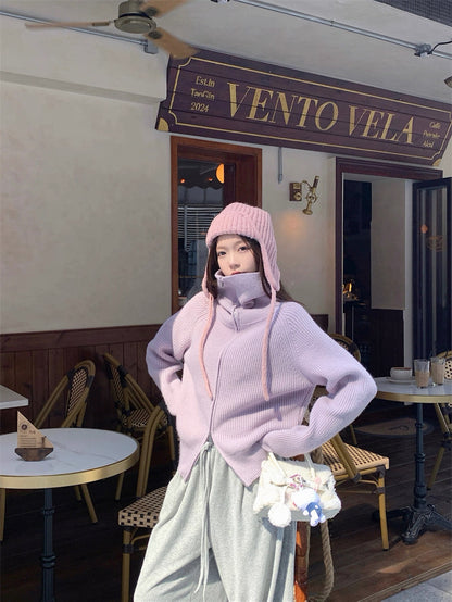 Zip-Up Stand Collar Knit Sweater Jacket C0021