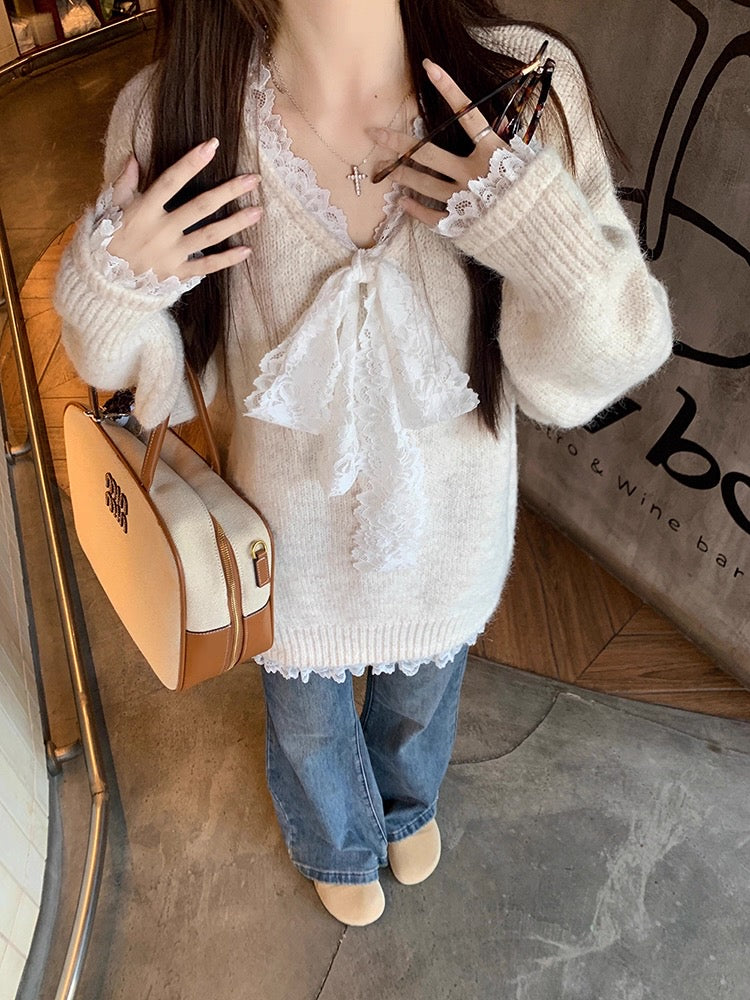 Lace Bowknot Cute Knit Sweater C0039