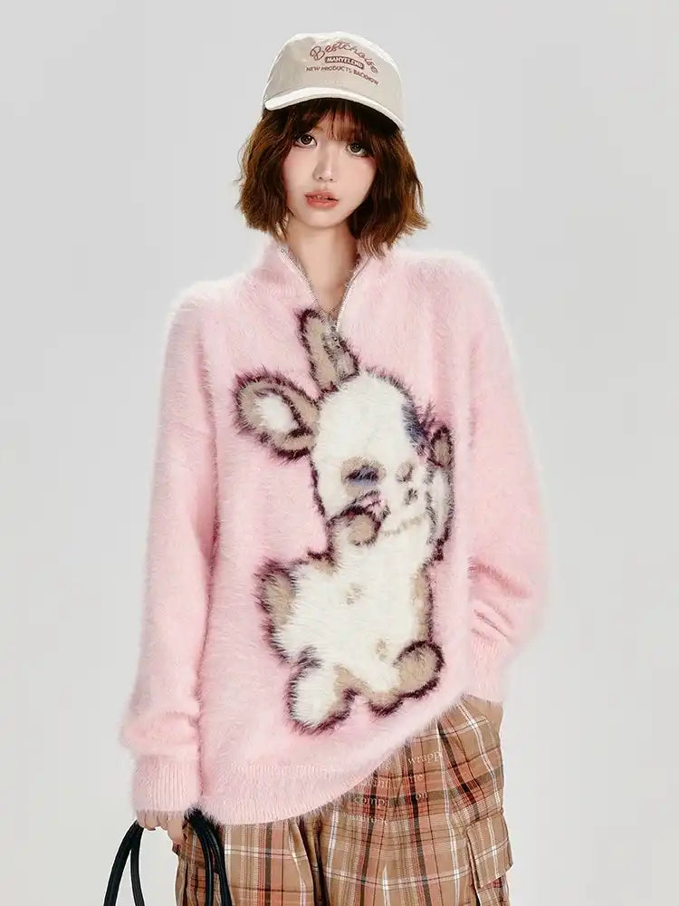 Half-Zip Rabbit Knit Pullover f0348