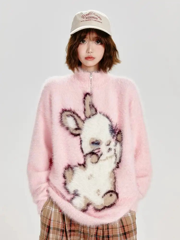Half-Zip Rabbit Knit Pullover f0348