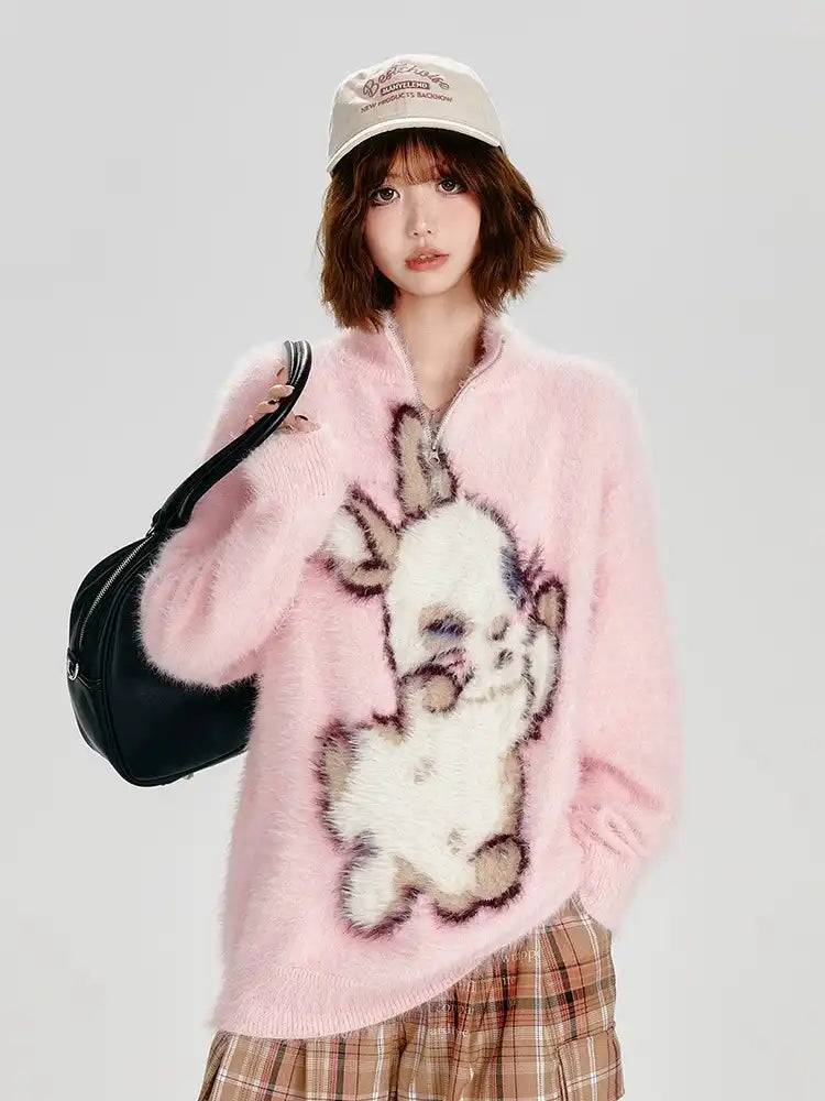 Half-Zip Rabbit Knit Pullover f0348