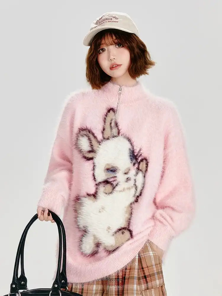 Half-Zip Rabbit Knit Pullover f0348