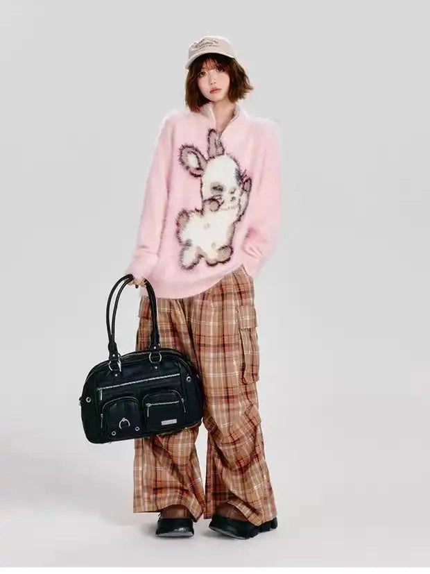 Half-Zip Rabbit Knit Pullover f0348
