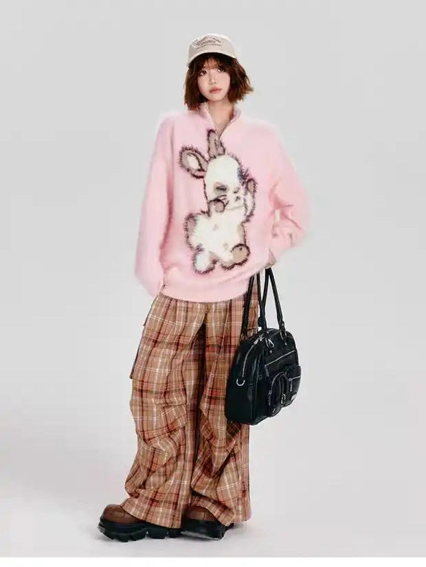 Half-Zip Rabbit Knit Pullover f0348