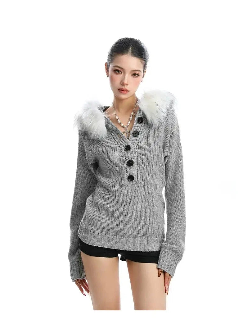 Fur-Trimmed Knit Hoodie with Waist Shape f0347