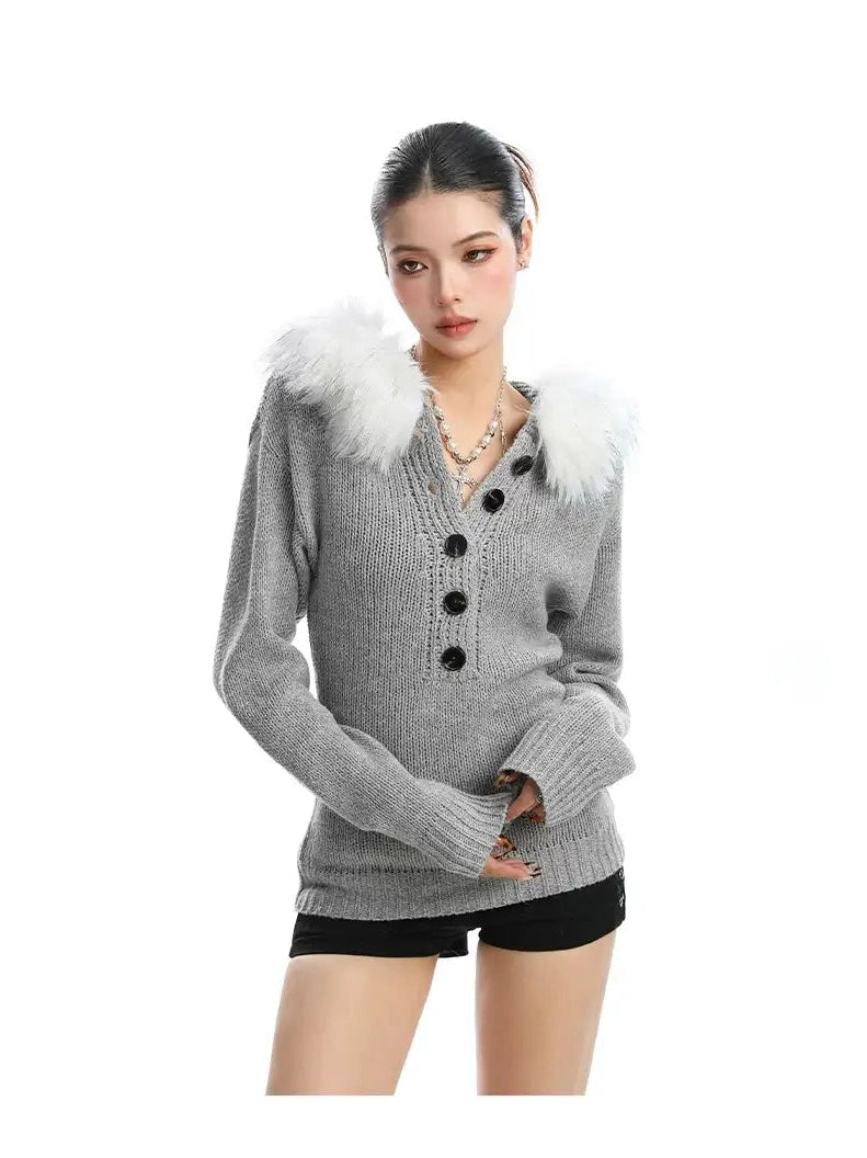 Fur-Trimmed Knit Hoodie with Waist Shape f0347