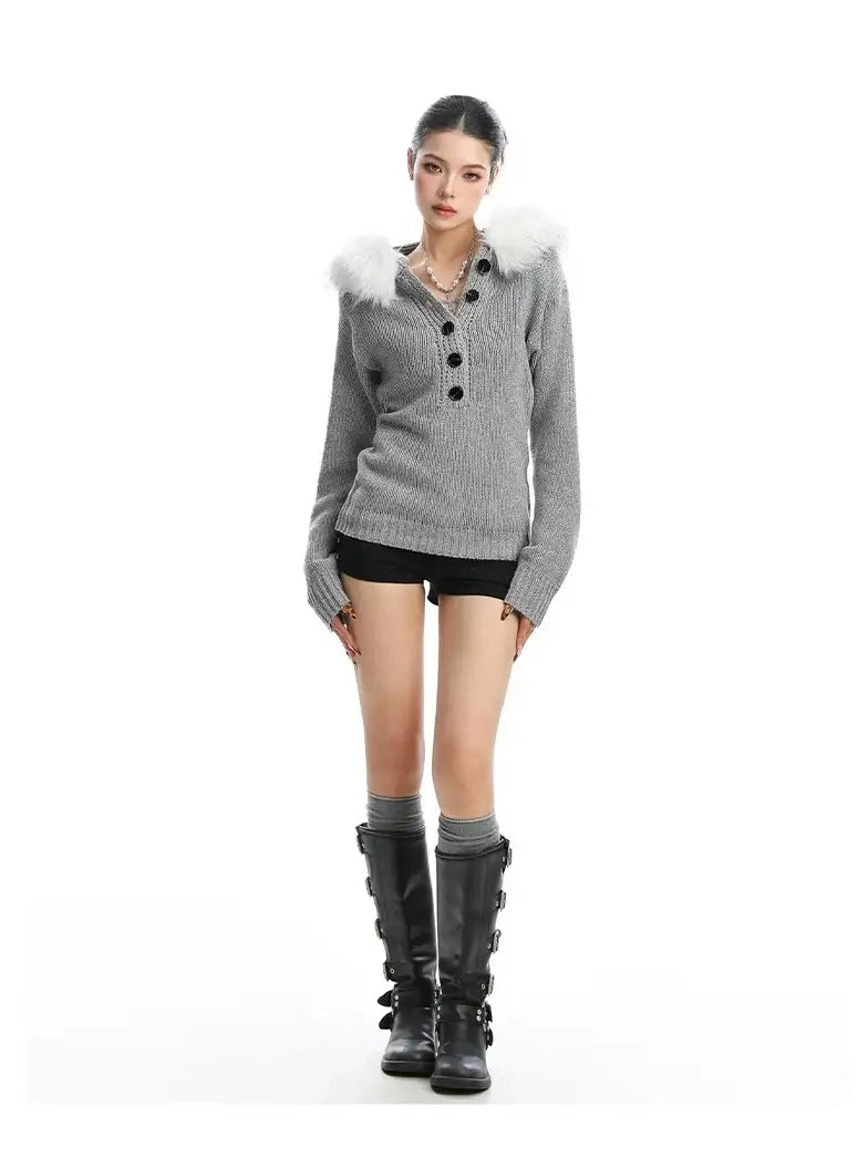 Fur-Trimmed Knit Hoodie with Waist Shape f0347