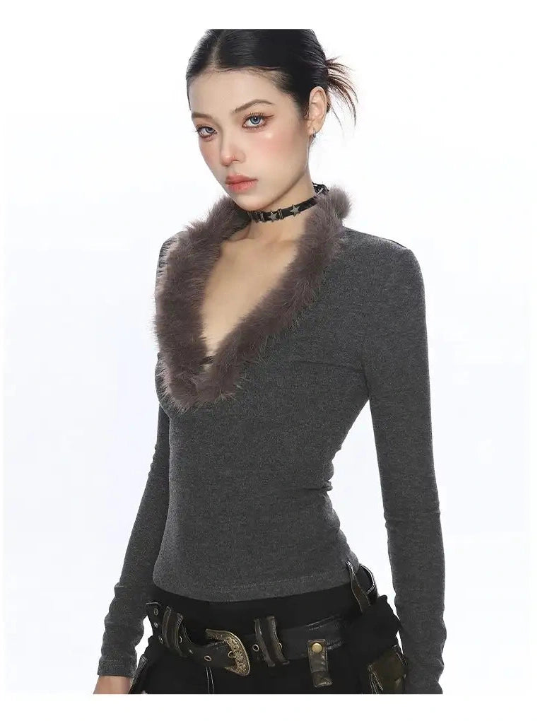 Feather Knit Y2K V-Neck Top f0346