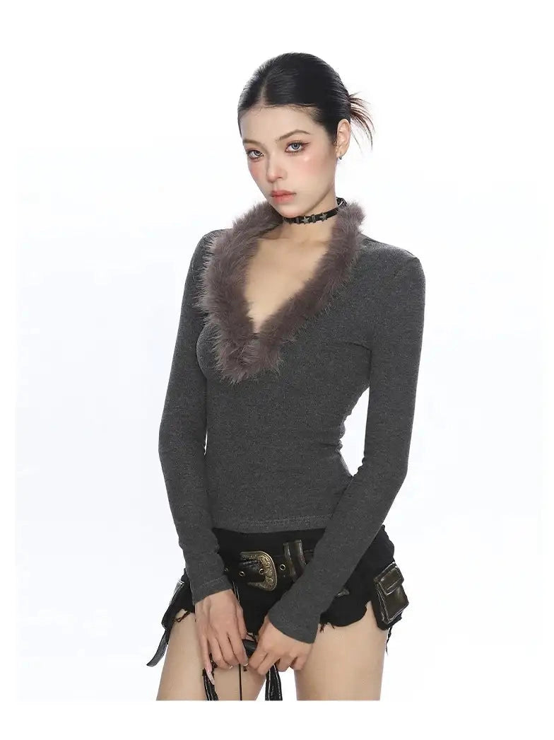 Feather Knit Y2K V-Neck Top f0346