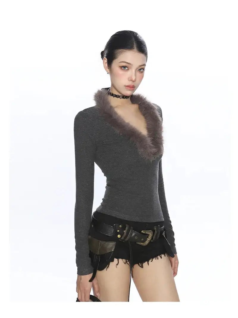 Feather Knit Y2K V-Neck Top f0346