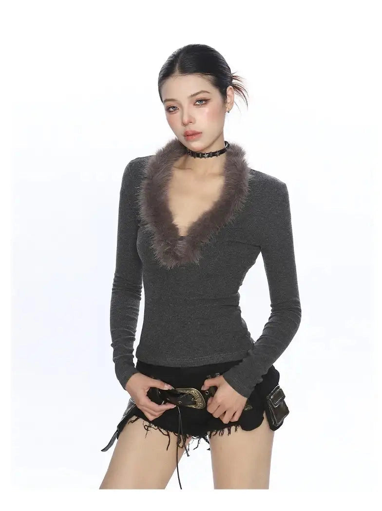 Feather Knit Y2K V-Neck Top f0346