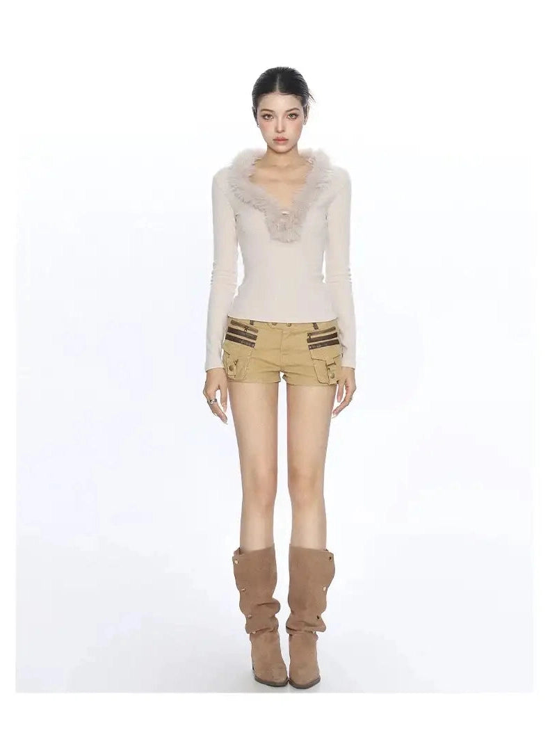 Feather Knit Y2K V-Neck Top f0346