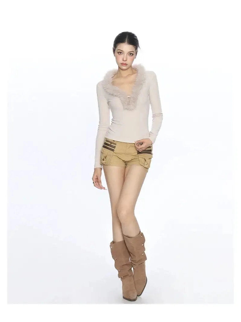 Feather Knit Y2K V-Neck Top f0346