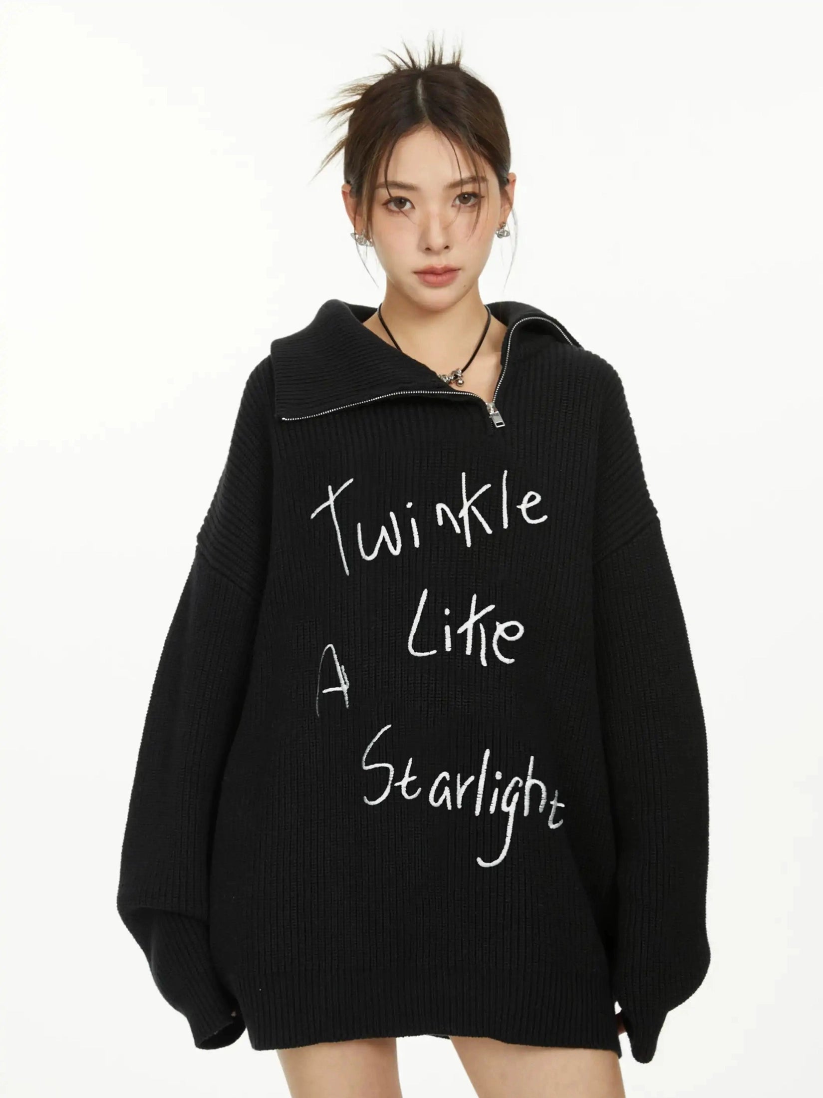 Embroidered High-Neck Zip Knit  f0396